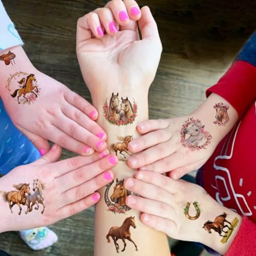 Pferde Tattoos 10 Blätter, Pferde Geschenke für Mädchen ab 5 6 7 8 9 10 11 12 Jahre, Kindertattoos Mitgebsel Kindergeburtstag, Pferdekostüm, Einschulung Geschenk, Schultüte Füllung, Schulanfang Deko