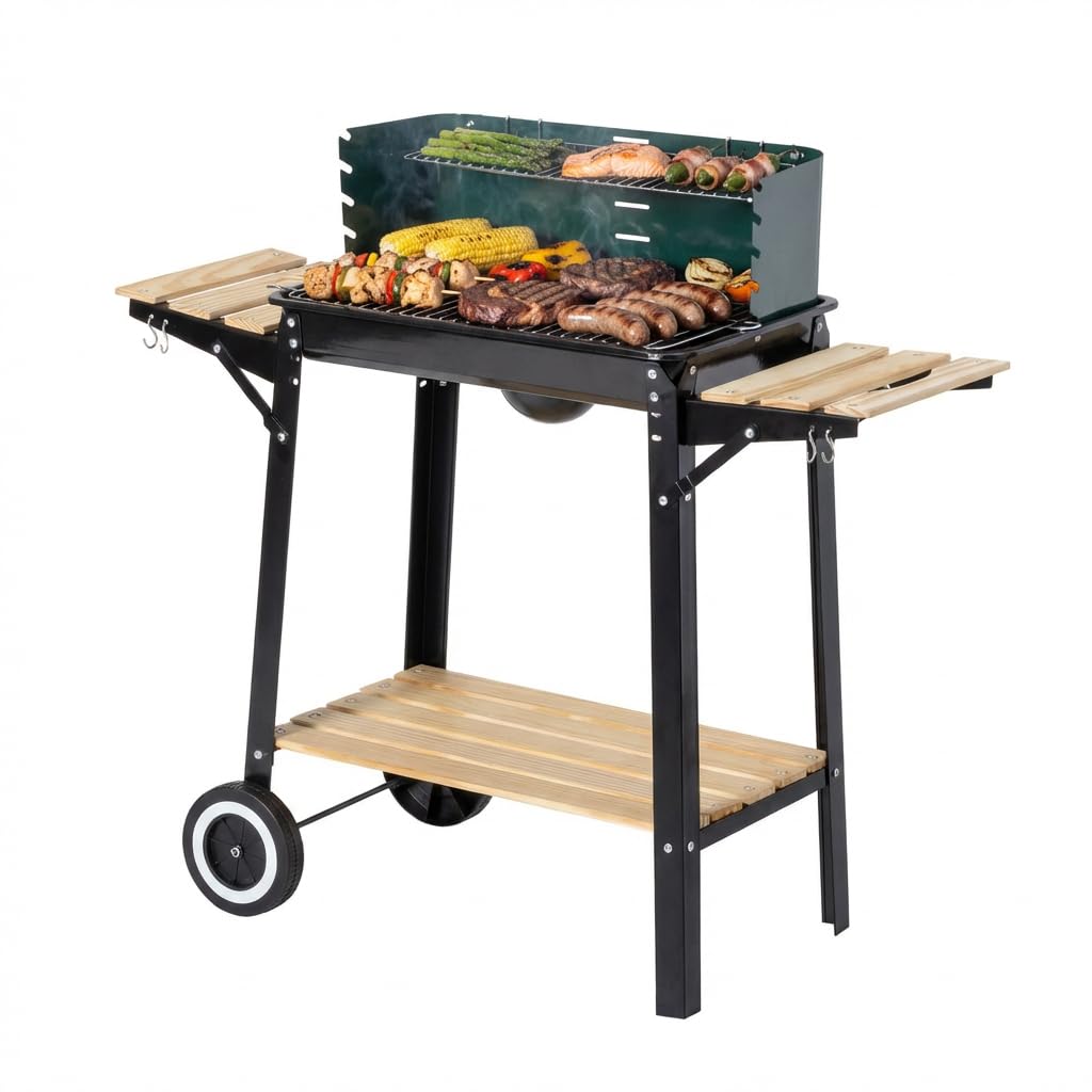 aro Holzkohle Grillwagen, Stahl/Holz, 2 Grillroste und 2 Seitenablagen, Holzgriffen, mit 2 Räder, Windschutz, grün (grün)