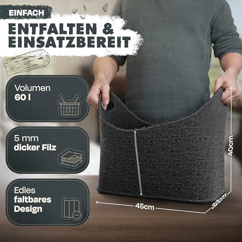 Xcelenze - XXL Holzkorb für Kaminholz Filzkorb extra dicker Filz & verstärkte Griffe | Filztasche faltbar auch als Einkaufskorb Auto & Aufbewahrungskorb für Holz Zeitungen (Dunkelgrau)