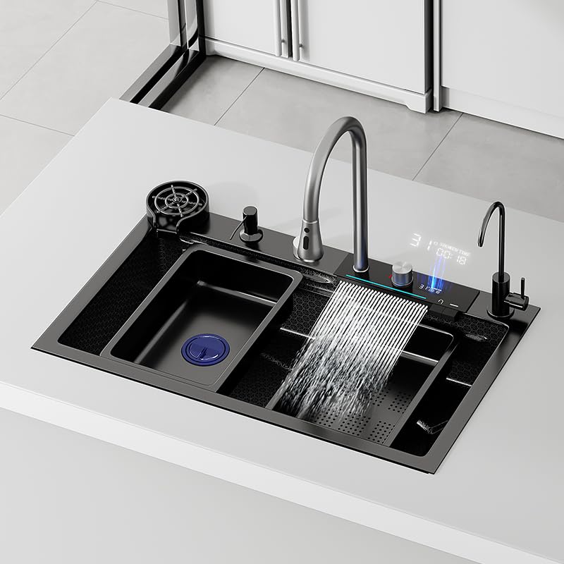 Stainless Steel Kitchen Sink – LED Display Smart Sink with Double Waterfall Design, Easy Installation, Includes Accessories, Installation Video (68 x 45 x 22 cm)