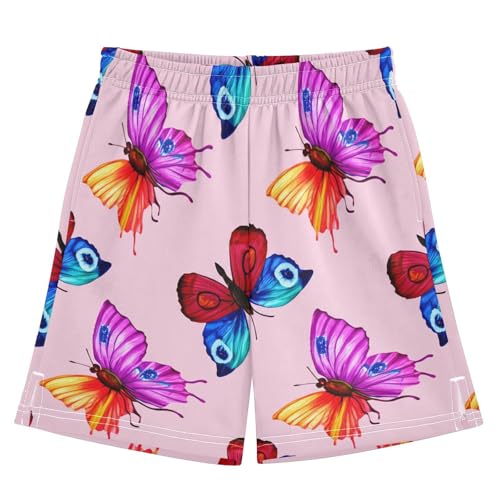 Colorful Butterflies Athletic Shorts with Zipper Pockets, Youth Boys Athletic Running Shorts for Summer