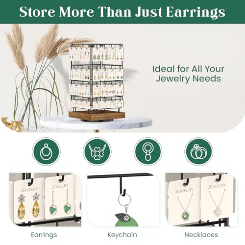 Image of EsLuker.ly Rotating Earring Display Holder Stand for Vendors Events Selling, Large Capacity 64 Hooks Jewelry Rack with Wooden Base for Earring Card Sales, Enhances Retail Display Visibility