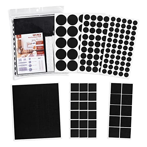 Patins pour Meubles Feutre, HOMMAND 191 Pièces Epaisse Patins Feutrine Autocollante pour Meuble, Patin Chaise Feutre de Protection Pied Chaise Antidérapant, 9 Tailles, y Tampon Silicone, Noir