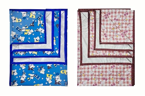 Image of EcoSoft Plastic Sheet,PVC Sheet for Kids,Rubber Sheet for Babies,Bed Wetting Protector(90 x 135 cm) (Blue Alphabet & Maroon Baby Bottle)
