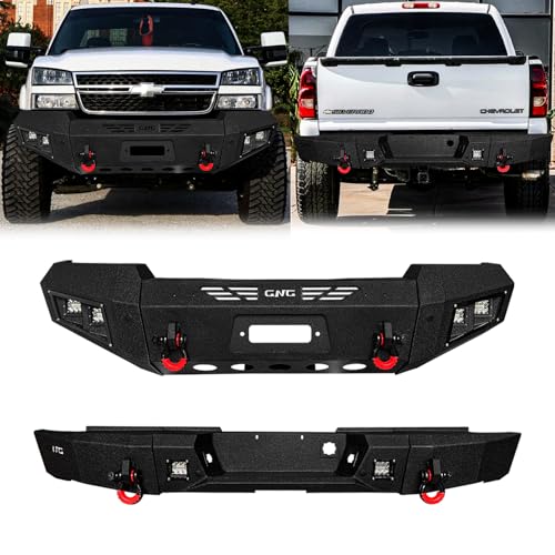 LUYWTE For 2003-2006 Chevy Silverado 1500 Steel Front and Rear Bumper With Winch Plate&Square LightsBlack Texture