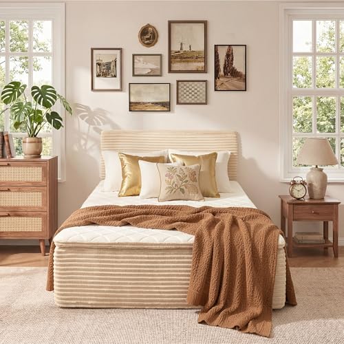 Full Boneless Bed Frame with Mattress 16 Inch Memory Foam Mattress with Plush Fabric Upholstered Bed Frame Platform No Assembly Required Cool Night & Relieve Pressure with Medium Support Beige
