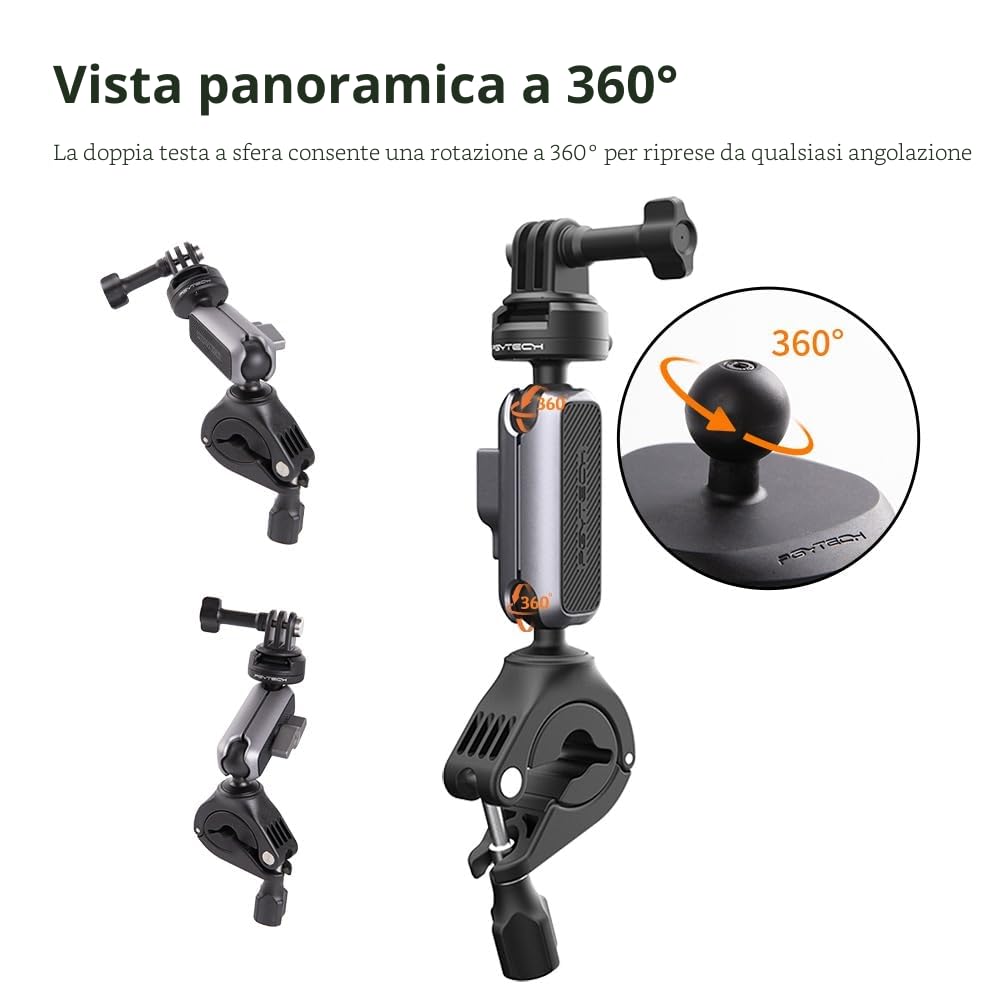PGYTECH CapLock Supporto Bici Moto per ActionCam, Bracket Manubrio in Alluminio con Doppio Giunto a Sfera a 360°, Sgancio Rapido e Doppia Chiusura per GoPro, per DJI Osmo/Pocket, per Insta360