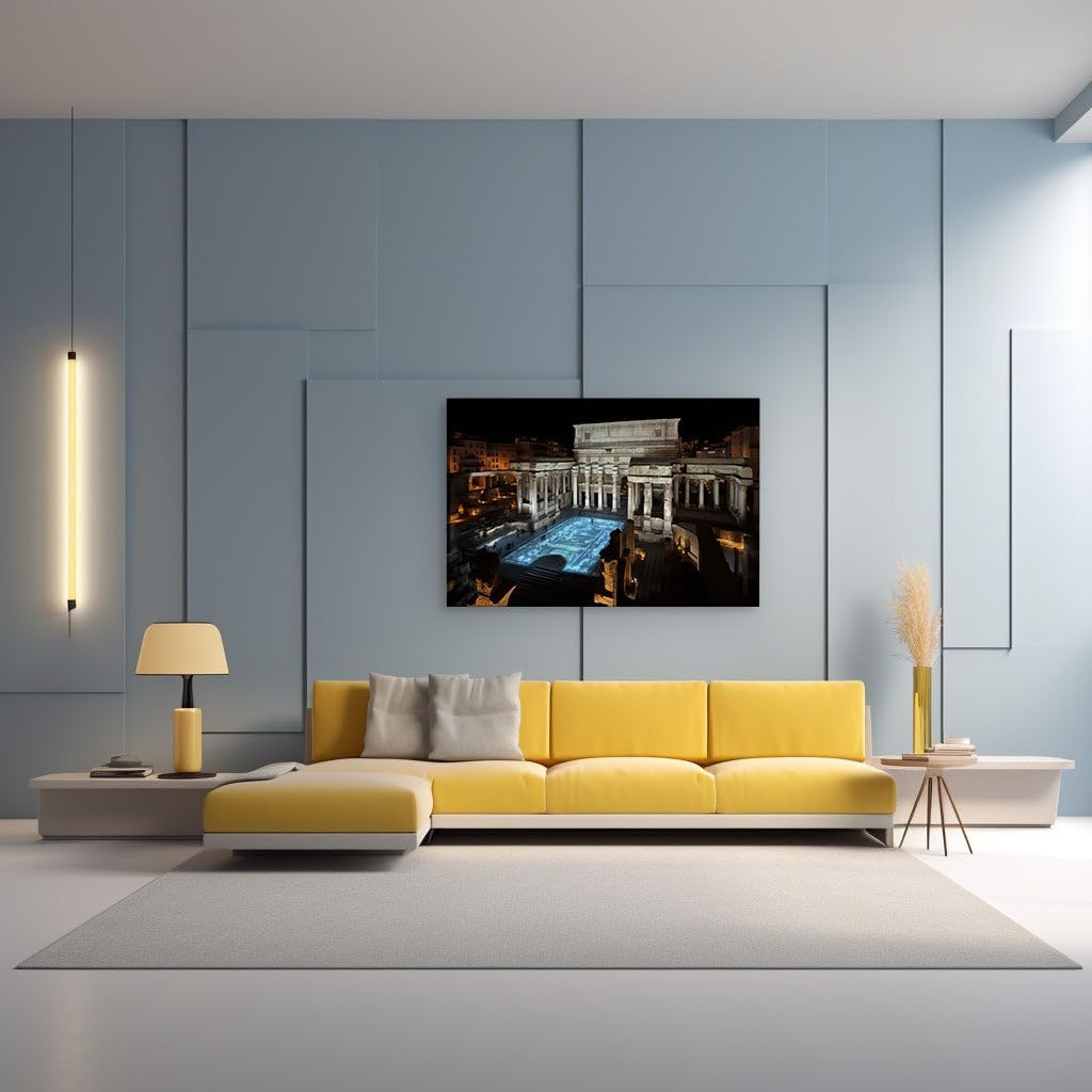 Canvas for Living room. Moonlit Majesty at Teatro Marcello � An Illuminated Roman Legacy Against the Night Sky, 27 x 18 inch Canvas Wall Art - Contemporary Masterpieces - Modern Home Decor