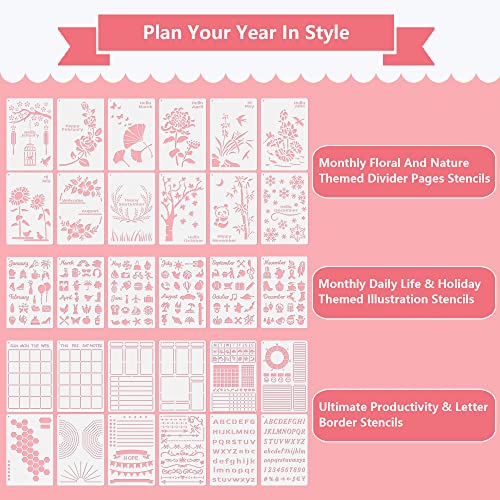 Midenco 30 Pcs Bullet Journals Stencils Supplies (5.1X7.9 Inch) Plastic Planner Stencil For Journaling Bujo Accessories Incl Ultimate Productivity And Monthly Seasonal Holiday Themes Stencil #TOP1