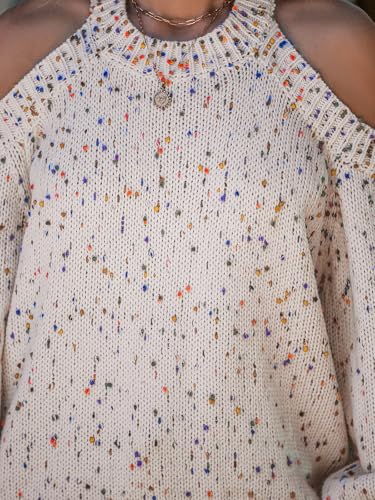 Image of CUPSHE Women's Cold Shoulder Oversized Sweaters Long Sleeve Criss Cross Rainbow Pom Knit Jumper Tops