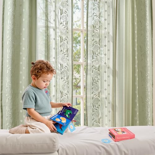 Image of jinchan Winslow Sheer Curtains 63 Inch Length for Bedroom Bordered Floral Pattern Decorations Short Curtains for Windows Light Filtering Window Treatments, 50 inch x 63 inch, Ivory on Sage, 2 Panels