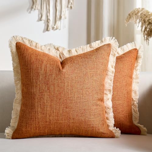 Decorative Faux Linen Couch Pillow Covers 18x18 Inch Fall Burnt Orange Boho Farmhouse Throw Pillow Cases with Tassels Woven Textured Cushion Covers for Sofa Bed Living Room Home Decor Set of 2