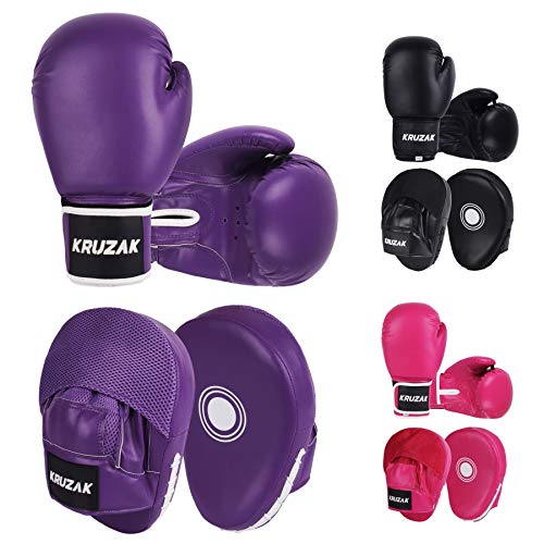 Guantes de boxeo de 12 oz Kruzak y almohadillas moradas para artes marciales
