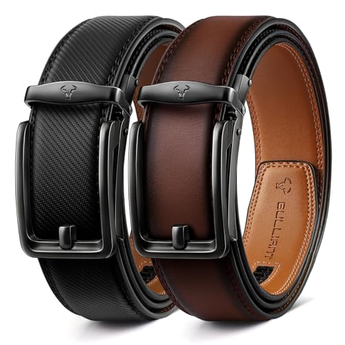 Image of BULLIANT Men Ratchet Belt 2 Pack, Click Sliding Leather Belt Adjustable for Gift Men Dress Casual Jeans 1 3 /8,Cut for Fit