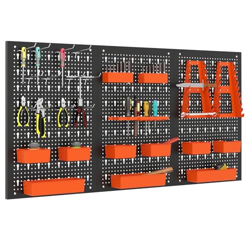 # Combinazione flessibile # La dimensione di ogni pannello è di 40 x 60 cm, quindi questo organizzatore per attrezzi non occupa troppo spazio. I 3 pannelli forati possono essere utilizzati separatamente o combinati, a seconda delle tue necessità. Che opti per una disposizione verticale o orizzontale, offrirà la flessibilità per adattarsi.
