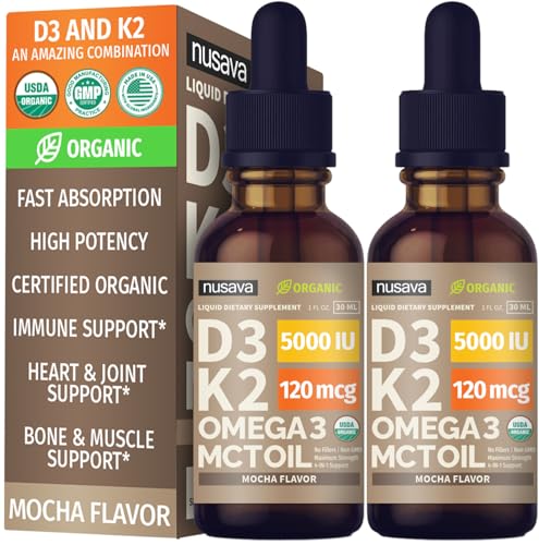 NUSAVA (2 Pack) Organic Vitamin D3 K2 Drops with MCT Oil Omega 3, 5000 IU, Maximum Strength Vitamin...