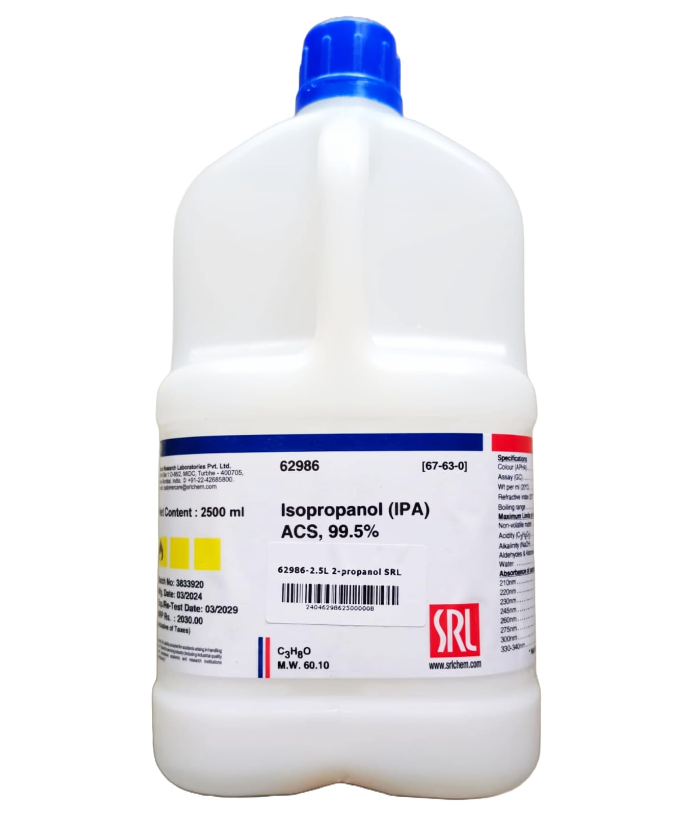 SRL Isopropanol (IPA) ACS Grade, 99.5%, 2.5 Ltr, CAS : 67-63-0, Molecular Formula : C3H8O, Molecular Weight : 60.10, Storage: Room Temperature, Shelf Life: 60 Months for laboratory and industrial use (B0C6MXBV8X) Amazon Price History, Amazon Price Tracker