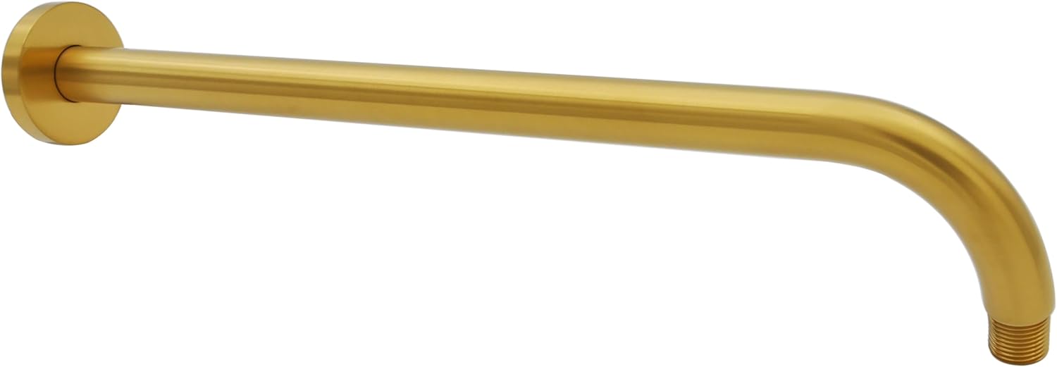 Aquaiaw Shower Arm and O-Ring Flange, 16 inch, Solid Brass, Round, Both Soldered 1/2 NPT Tapered Threads, Bent Rainfall Shower Head Arm, Wall Mount Rain Shower Head Extension Arm (Brushed Gold)