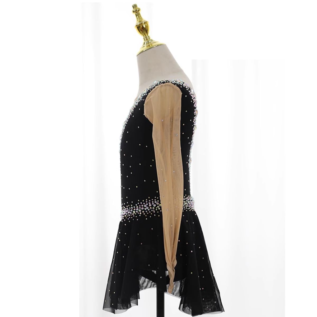 purpleq Damen Eiskunstlauf Kleid Schwarz Langarm Professionelle Eiskunstlauf Bekleidung Für Mädchen Kürkleid mit Strass Rollkunstlauf Wettbewerb Tanzanzug Gymnastikanzug