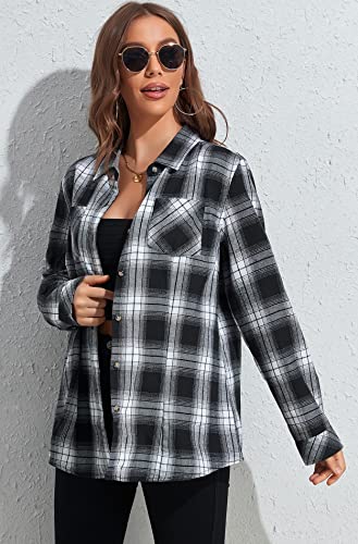 Kevamolly Plaid Long Sleeve Flannel Shirts For Women Loose Fit Boyfriend Button Down Shirt Casual Flannel Blouse Tops Black White L #TOP4