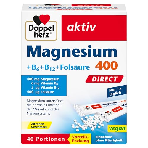 Doppelherz Magnesium 400 + B6 + B12 + Folsäure DIRECT - Magnesium unterstützt die normale Funktion der Muskeln und des Nervensystems - 40 vegane Portionen