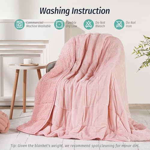 Wemore Sherpa Fleece Weighted Blanket for Adult, 15 lbs Dual Sided Cozy Fluffy Heavy Blanket, Ultra Fuzzy Throw Blanket with Soft Plush Flannel Top, 80 x 87 inches, Pink on Both Sides