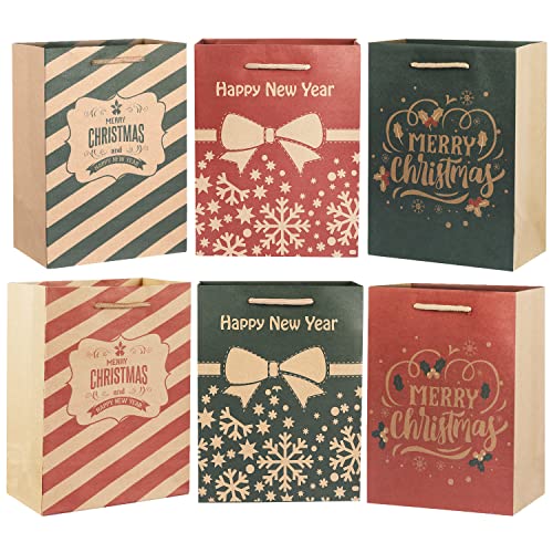 9" Medium Christmas Gift Bag Set - Ankis 6PCS Kraft Paper Gift Bags Xmas with Card 6 Designs Christmas Goody Bags Green and Red, Holiday Gifts for Kids, Family, and Friends