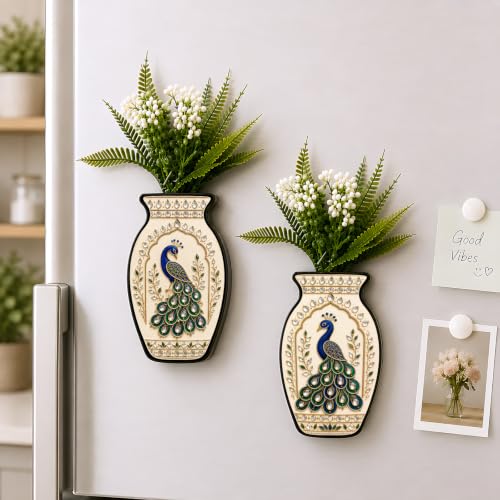 Image of Regalo Casila Magnetic Artificial Flower Vase Fridge Magnets Set of 2 Peacock Kundan Art Indian Ethnic Decorative Refrigerator Magnets Traditional Home Kitchen Office Decor Gift