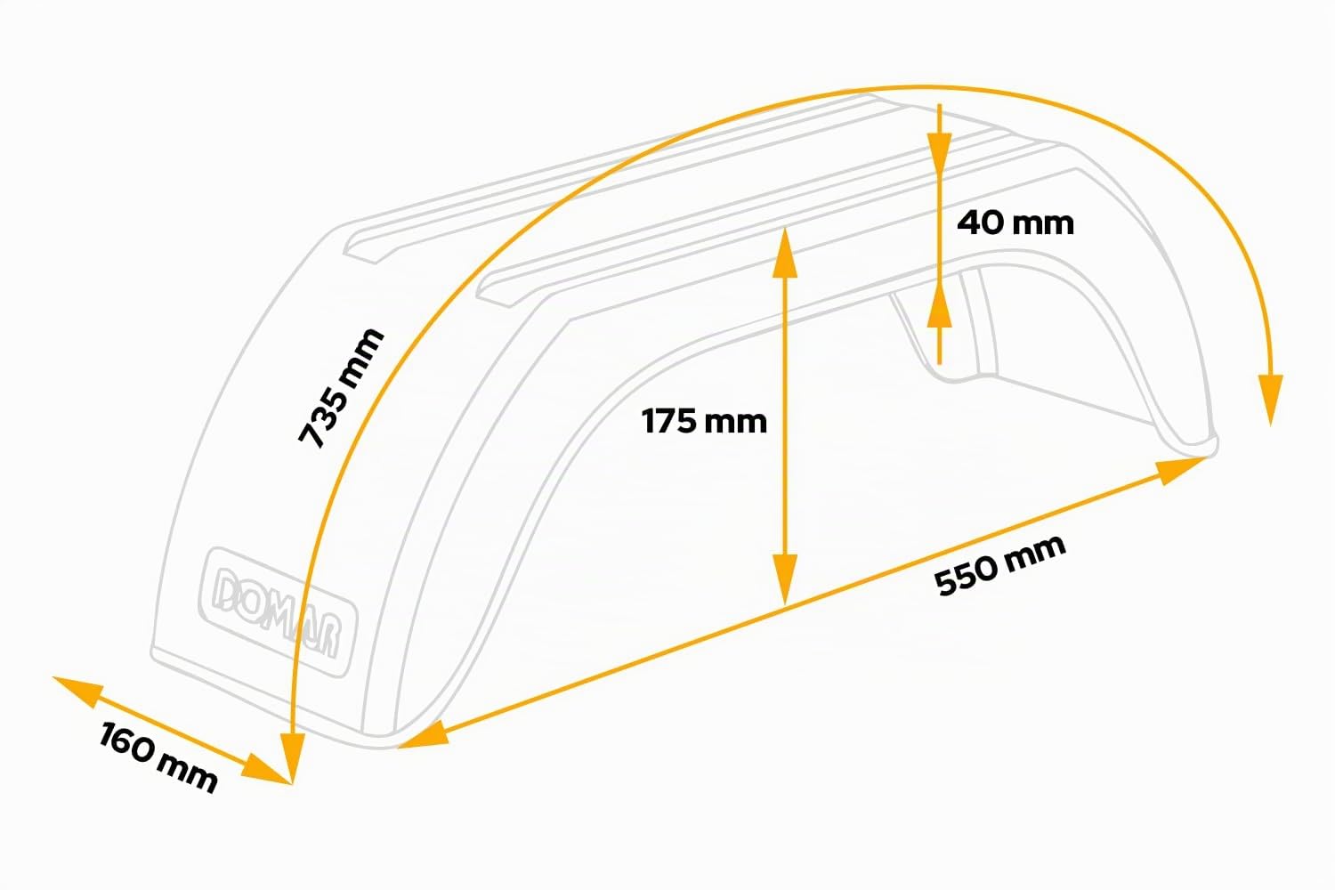 DOMAR D20100 Einzelkotflügel 8 bis 10 Zoll aus Kunststoff für Pkw-Anhänger 550 x 160 mm als Stabiler Flacher Radkasten sowie Schmutzfänger für leichte Transportanhänger