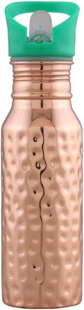 100% Pure Copper Water Bottle 12 oz with Sipper Lid & Straw – Hammered Ayurvedic Small Copper Water Bottle – BPA Free Lid with Spout (Hammered, Forest Green)