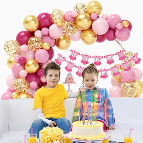 Image of Pink Birthday Decoration Kit with Dress Theme Happy Birthday Banner, Pink & Gold, Confetti Balloons and Arch Strip - Birthday Party Decoration for Girls Kids Celebration - Pack of 52