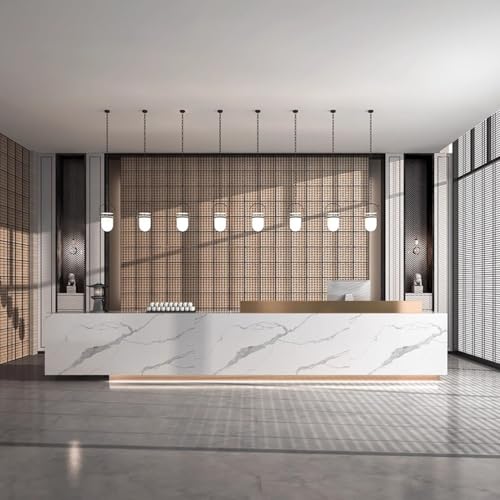 Escritorio de recepción con iluminación LED regulable y parte delantera de mármol, almacenamiento con bloqueo, mostrador de oficina sin montaje para venta al por menor y salón, 150 x 60 x 100 cm