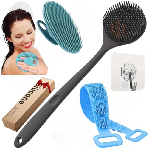 GIDGIDL Soft Silicone Back Scrubber Long Handle Bath Brush + Body Scrubber Bath Brush + Scalp Massager for Hair + Combination Combo, Super-Exfoliating & Lathering Body Scrubber, Shower Brush | BPA-Free | for Men and Women (With A Free Hook 2-pic) (4 In 1 Bath Combo)