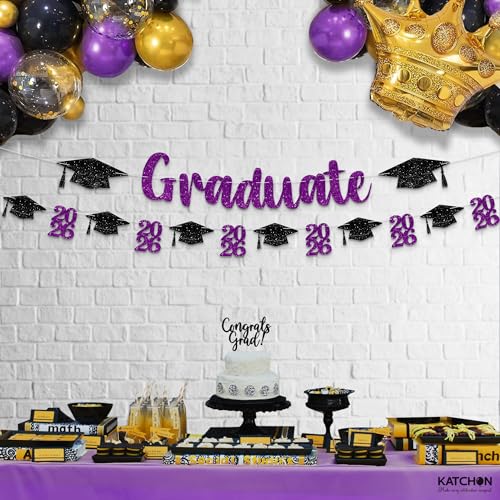 Image of Glitter Purple and Black Graduation Decorations - 10 Feet | Pre- Strung, Congratulations Graduate banner | Black and Purple Graduation Decorations 2026 | Graduation Party Decorations 2026 - KatchOn