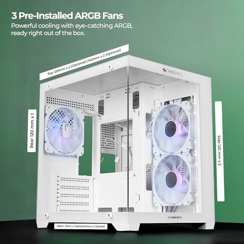 Image of Zebronics Cube Gaming PC Cabinet, 240mm Radiator Support, mATX /ITX Compatibility, 270 Tempered Glass, Magnetic Dust Filter, Bottom PSU Mount, Clean Dual Chamber Layout (Mercury 15, White)