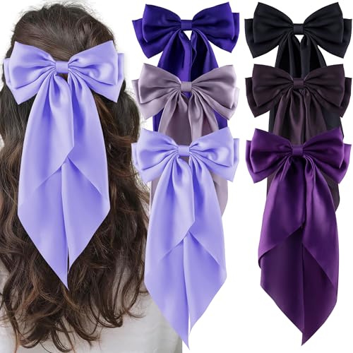 hisial 6Pcs Large Bows Hair Clips for Women Girls Long Tail Hair Ribbon Silky Satin Barrettes Coquette Bows Accessories (Black/Purple/Purplered)