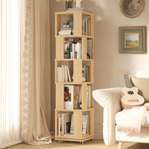 5 Tier Solid Wood Rotating Bookshelf Tower on Wheels, 360°