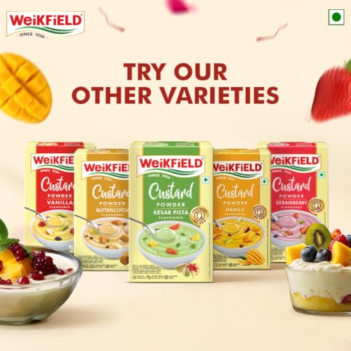 Image of Weikfield Custard Powder | Kesar Pista Flavour | Makes Smooth & Creamy Custard | Contains Quality Ingredients | Best For Fruit Salads & Puddings | 100% Vegetarian | 75g Carton