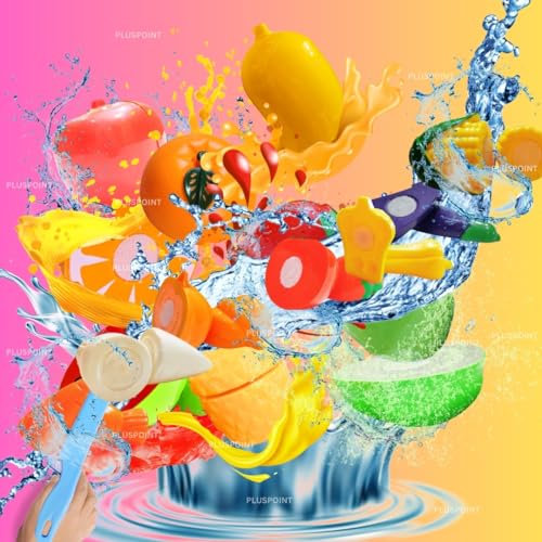 Image of PLUSPOINT Fruit Cut Toy with Storage Basket Realistic Sliceable Cutting Fruits and Vegetable Pretend Play Kitchen Toys for Kids 7-Fruits / 7-Vegetables / 2 Board / 2 Knife (Multicolour), 18pc