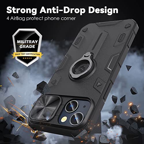 Image of CloudValley Compatible with iPhone 13 Case with Camera Cover & Stand, Slide Lens Protection and Built in 360 Rotatable Ring Holder, Soft Edge Bumper Protective Cases, Black