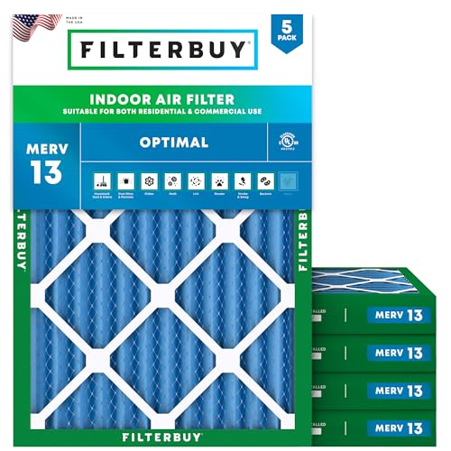 Filterbuy 20x25x2 Air Filter MERV 13 Optimal Smoke & Allergy Defense (5-Pack), Electrostatic Pleated HVAC AC Furnace Filters Replacement, Made in USA (Actual Size: 19.50 x 24.50 x 1.75)