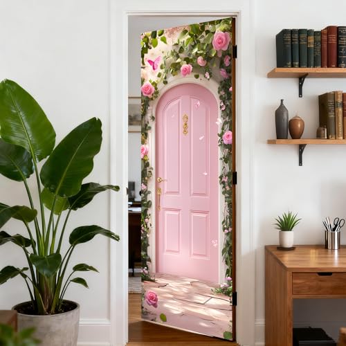 Image of Nuxovilar Pink Rose Door Stickers Peel Stick PVC 30.3x78.7 in Cover | Door Stickers Wall Decals Peel Stick Cover Vinyl Art Poster Bedroom Garden Room Home (Pink Rose)