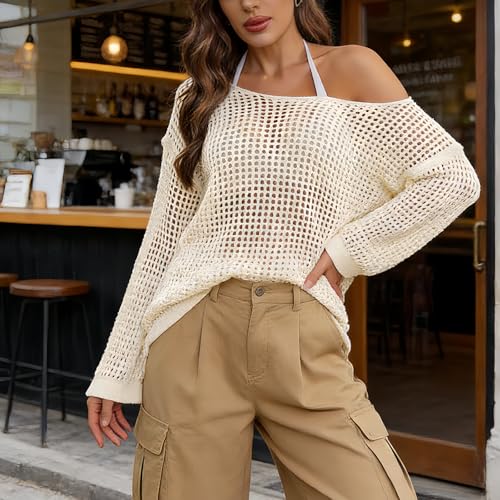 Image of Womens Crochet Crop Tops Y2k Knit Shrug Sweater Hollow Out Long Sleeve Bikini See Through Cover Ups