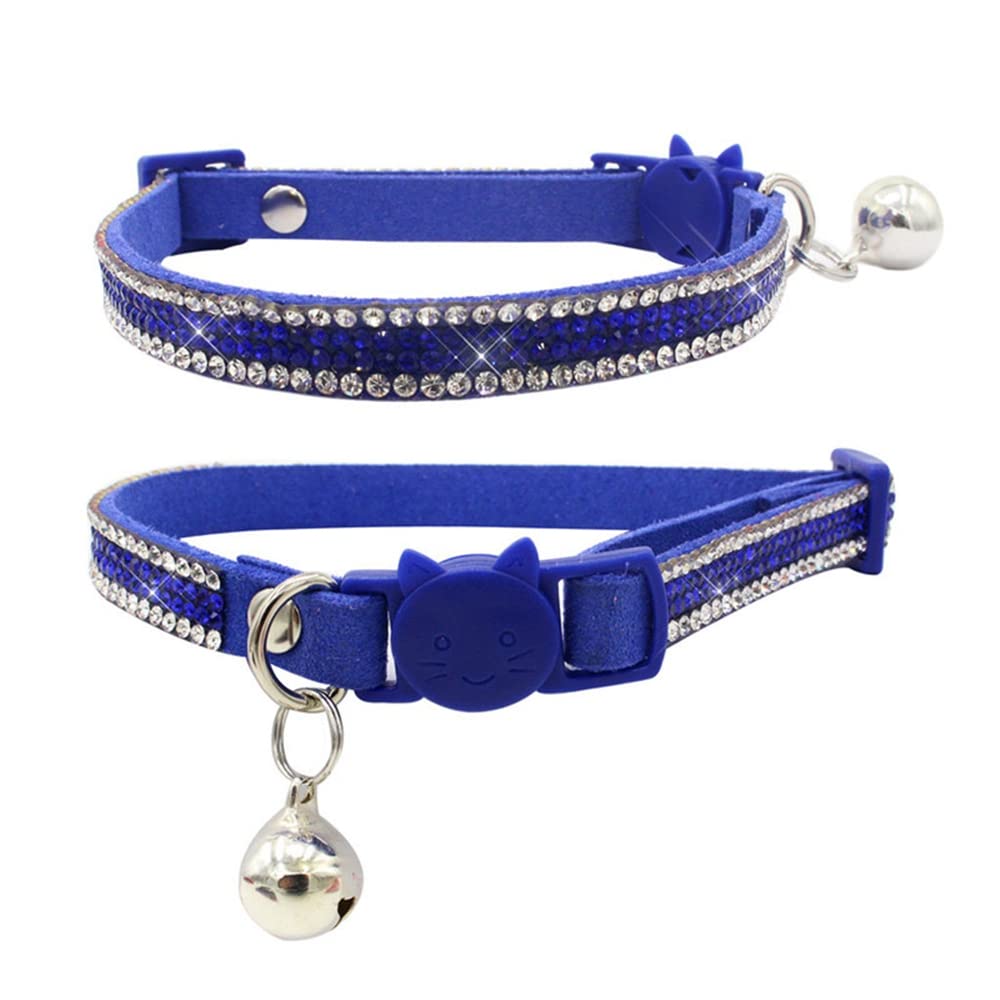 Collier Pour Chat Ou Petit Chien Avec Strass Et Clochette - Boucle De Sécurité Réglable - Microfibre Bleu Foncé - Taille S (25-32 Cm)