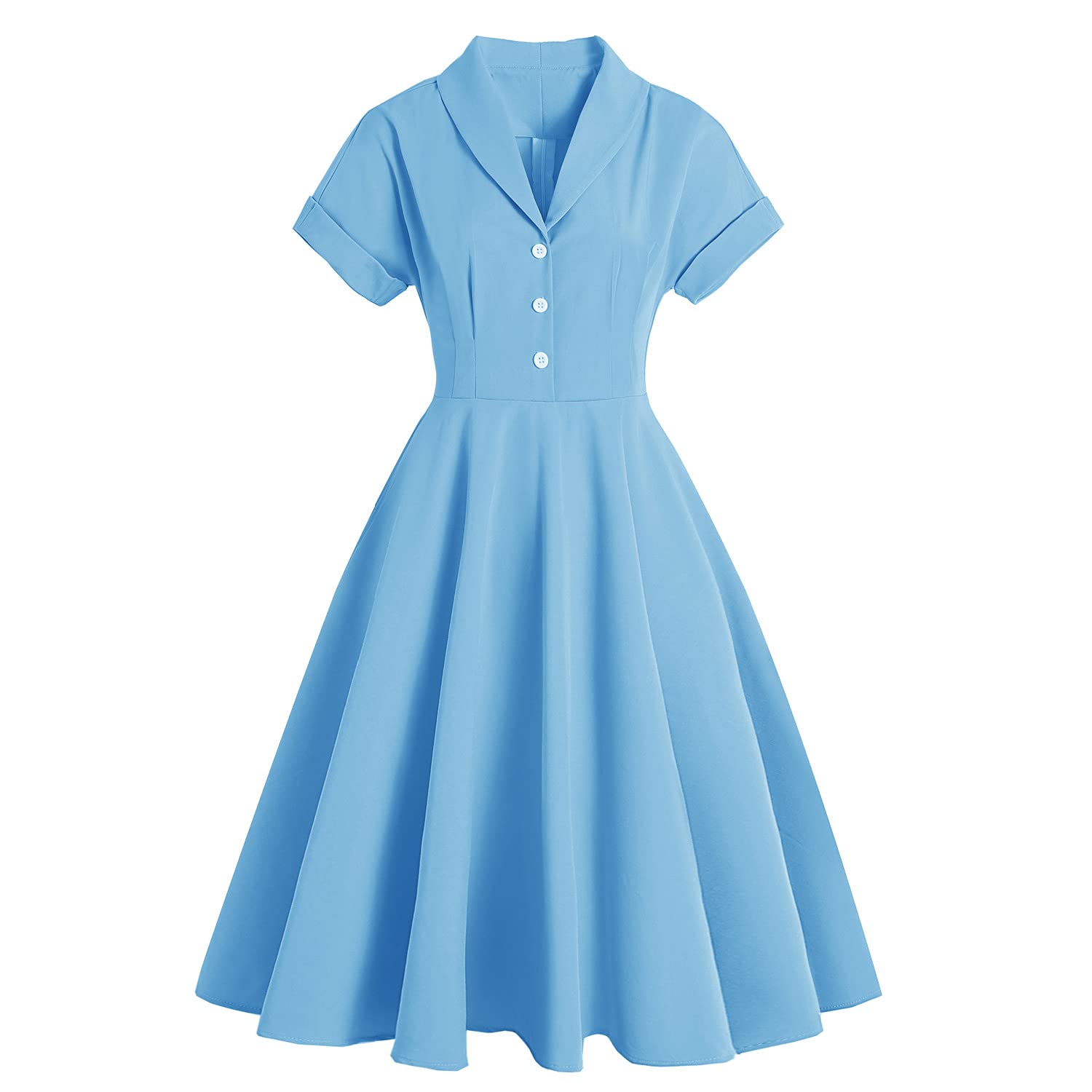 Women 50s Vintage Short Sleeve V-Neck Cocktail Swing Dress Notch Lapel Collar 1950s Rockabilly Prom Dress Button Up Pleated A Line Wedding Formal