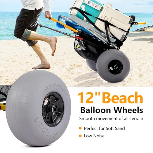 Bonnlo Beach Fishing Cart, Beach Wagon Trolley with 12" Big Balloon Wheels for Sand Foldable Beach Trailer with 23" x 15" Cargo Deck, Fishing Rods Holder, Water Bottle Holder, Mesh Bag, Hand Pump