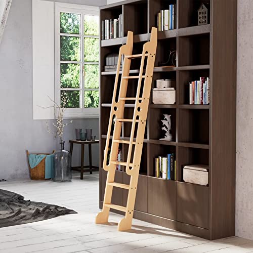 Kinmade 8 Ft Rolling Library Ladder, Sturdy Wood Step And Build-In Handrail, Multi-Use For Loft Stairs/Bookshelf, Red Oak (Total Length 93.4’’) #TOP1