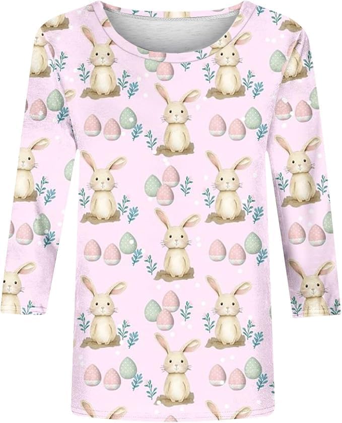 2026 Easter Shirts for Women Funny Bunny Egg Graphic Tees Cute Festival Outfits 3/4 Sleeve Tops Cotton T-Shirt Gifts - Image 3
