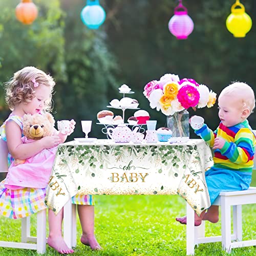 Image of 3 Pieces Sage Greenery Oh Baby Tablecloths for Baby Shower Party Decorations Plastic Disposable Gold Foil Eucalyptus Leaf Table Covers for Rectangle Tables Sage Boho Woodland Neutral Party Supplies