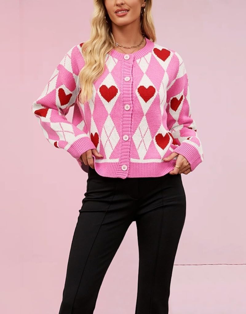 Valentines Day Sweater for Women Argyle Love Heart Fall Winter Button Down Cropped Knit Preppy Cardigan Cute Clothes - Image 3